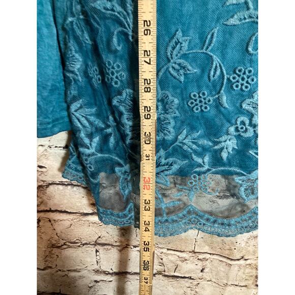 Fantazia Tunic Top Womens XL Teal Blue Distress Wash Embroidered Linen Blend - Picture 8 of 12